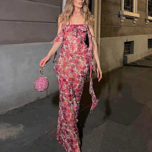 Women's Sweet Pastoral Floral Ruffled Dress Suspender
