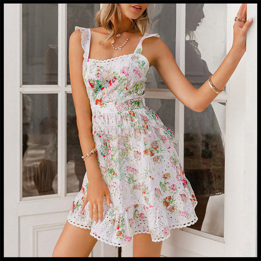 Women's New Printed Halter Dress Pastoral Style Ruffled Suspender Skirt